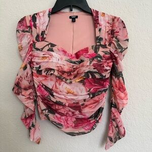 Express Body Contour Pink Floral Ruched Mesh Top Size S Coquette Milkmaid Dainty